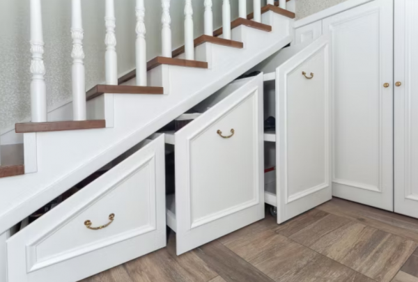 Lemari bawah tangga dengan rak sejajar tangga